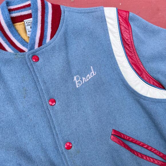 True Vintage Rams Brad Varsity Jacket School Letterman Blue Shoulder Stripe Wool - Picture 5 of 16